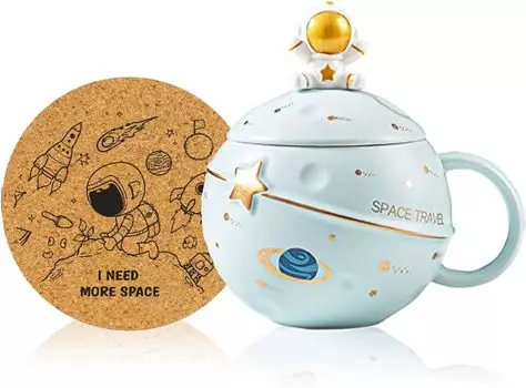 Kawaii Astronaut Cup Space Relief Planet Милая керамическая кофейная необычная чашка с крышкой и ложкой для эстетического украшения комнаты Забавный подарок на день рождения для девочки