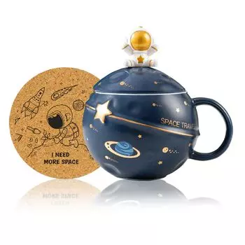 Kawaii Astronaut Cup Space Relief Planet Милая керамическая кофейная необычная чашка с крышкой и ложкой для эстетического украшения комнаты Забавный подарок на день рождения для девочки