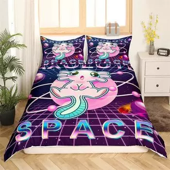 Комплект постельного белья Kawaii Axolotl Queen для девочек, мальчиков, подростков, милый мультяшный рептилии, животное, пододеяльник, галактика, звездное небо, одеяло, чехол EU single(135x200cm)