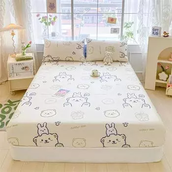 Kawaii Bear and Rabbits Printed Fitted Sheet Set Pure Cotton Cartoon Animals Mattress Cover for Kids Boys Girls Bedroom Decor 90x200x25cm 3pcs