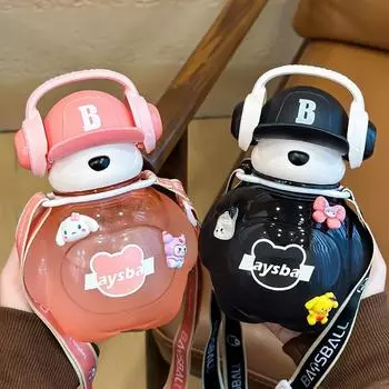 Kawaii Bear детская бутылка для воды с соломинкой, большая емкость, мультяшная пластиковая чашка для девочек, портативная соломенная чашка для воды на открытом воздухе для школы