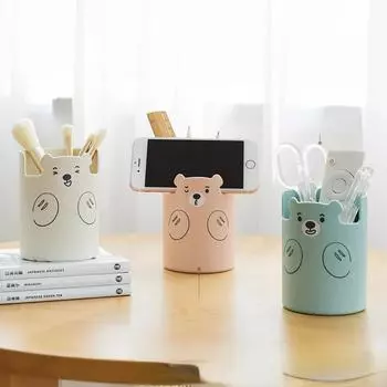 Kawaii Bear Pen Pen Pencil Pot Holder Контейнер для хранения кистей Настольный органайзер Многофункциональный держатель для телефона Канцелярские принадлежности Офисные принадлежности