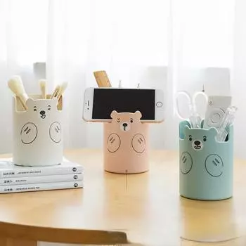 Kawaii Bear Pen Pen Pencil Pot Holder Контейнер для хранения кистей Настольный органайзер Многофункциональный держатель для телефона Канцелярские принадлежности Офисные принадлежности розовый
