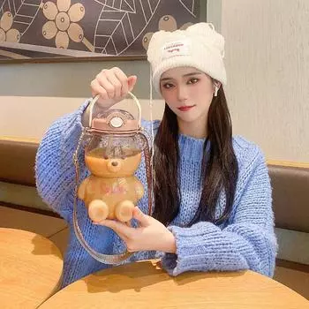 Kawaii Bear пластиковая бутылка для воды с соломинкой, портативный ремешок, милые детские бутылочки для девочек, летняя большая вместительная чашка для чая с пузырьками молока 1000ML фиолетовый