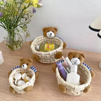Kawaii Bear Storage Basket Multi-purpose Storage Box Cartoon Desktop Sundries Organizer Tabletop Snacks Display Basket Decor