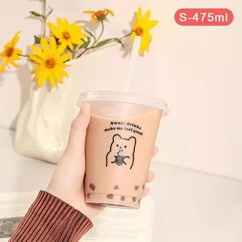 Kawaii бутылка для воды для кофе, сока, чая с молоком, милые пластиковые холодные чашки с соломенной крышкой, портативная многоразовая бутылка для питья, не содержащая BPA L