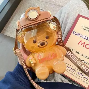 Kawaii бутылка для воды с милым медведем, чайник для путешествий, спортивный стакан, портативная кружка для питья для девочек, пластиковая чашка большой емкости 1/1,4 л 1L
