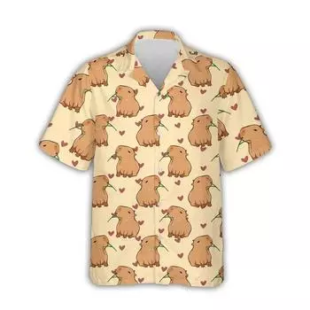 Kawaii Capybara Pattern Shirt Men s 3D Printed Hawaii Aloha Beach Men s Shirt Short Sleeve Cool Top Lapel Shirt S