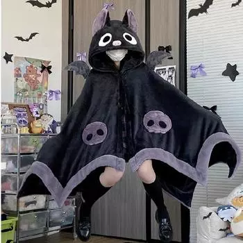 Kawaii Cartoon Bat Y2k Blanket Plush Pijamas Anime Plain Costume Halloween Plain For Adults Winter Ponchos Women Hooded Cape One Size