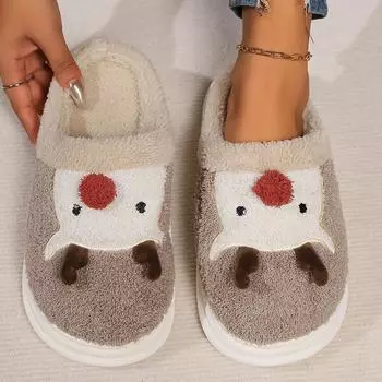 Kawaii Cartoon Elk Slippers for Women 2024 Winter Soft Warm Home Cotton Slippers Woman Christmas Style Fluffy Platform Slides 36-37 серый