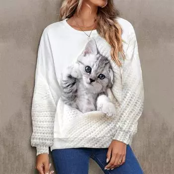 Kawaii Cat 3D Print Women s Casual Long Sleeve Pullovers Oversize Harajuku Sweatshirt Daily Blouse Female Loose Hoodies S
