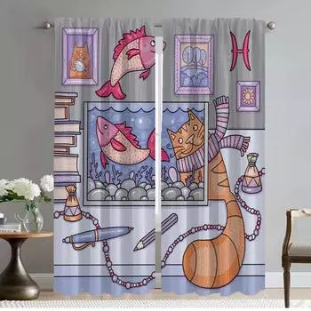 Kawaii Cat Home Interior Curtains for Living Room Shades Tulle for Bedroom Halloween Decoration Blackout Curtains 2 Pieces Child W50xH70cmx2pcs-CL