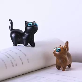 Kawaii Cat миниатюрные фигурки ручной работы из сандалового дерева, резьба, котенок, скульптура, настольные украшения, сказочный сад, декор комнаты, подарок на день рождения чёрный