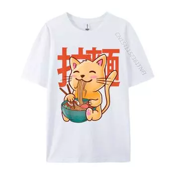 Kawaii Cat Ramen Neko Японская еда Лапша Суп Отдых Напечатано На Мужской Футболке Ретро Хлопковые Топы Футболки Дизайнерские Топы Футболки S
