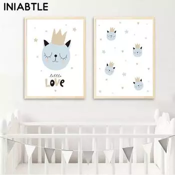 Kawaii Cat Wall Art Холст Картина Детская печать плакатов Прекрасный сладкий синий котенок Украшение Картина Скандинавская детская комната Декор 21cm30cm NoFrame