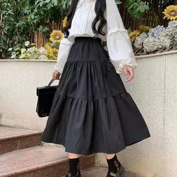 Kawaii черная длинная юбка женская японская Лолита милая лоскутная с высокой талией свободная трапециевидная юбка миди повседневная осенняя мягкая девушка S чёрный