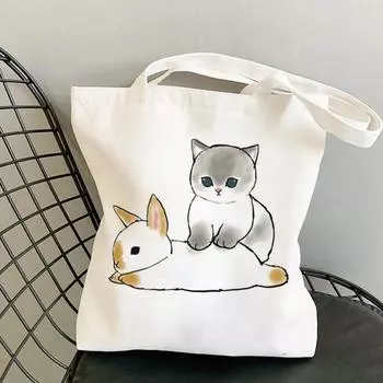 Kawaii coelho gatos dos desenhos animados sacos de compras bolsas lona sacos de ombro mulher sacos de compras alta capacidade bolsa de praia 24*26cm