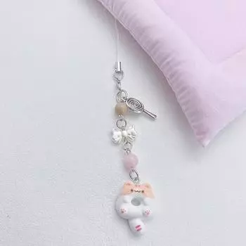 Kawaii Cookie Kitten Phone Lanyard Cartoon Cat Beaded Mobile Phone Chain Couple Keychain Camera Earphone Case Pendant
