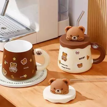 Kawaii Cup Милый милый медведь Керамическая кружка Большая емкость с крышкой Кофейные чашки Завтрак Молочные кружки Питьевая с трубочкой Чашка для воды 360ML-420ML