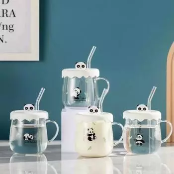 Kawaii Cups Милая стеклянная чашка в виде панды с соломенной крышкой Ложка Кофейная чашка для завтрака Пивная кружка Чашки и кружки Бесплатная доставка Питьевые стаканы 520ml