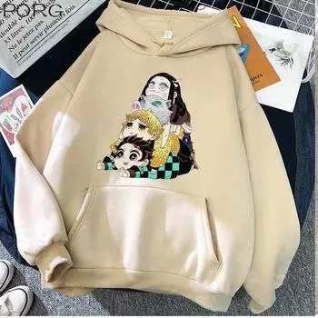 Kawaii Demon Slayer Hoodie Японская графика Аниме Hoodie Tops Одежда 2XL бежевый