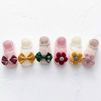 Kawaii детские напольные носки с бантом и цветочным принтом, хлопковые резиновые противоскользящие носки-лодочки для новорожденных, носки для маленьких мальчиков и девочек S
