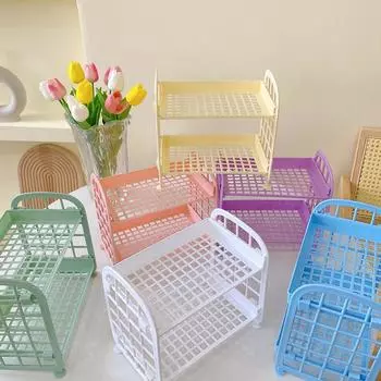 Kawaii двухслойный стеллаж для хранения, настольная складная стойка для хранения макияжа, полка для хранения косметики, отделка общежития, ванная комната белый