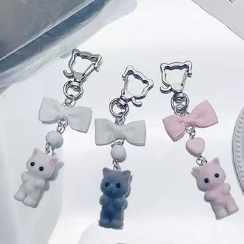 Kawaii Flocking Cat брелок для ключей телефон шнурок кулон сумка подвесное украшение милый бант котенок мобильный телефон цепочка кулон подарки розовый