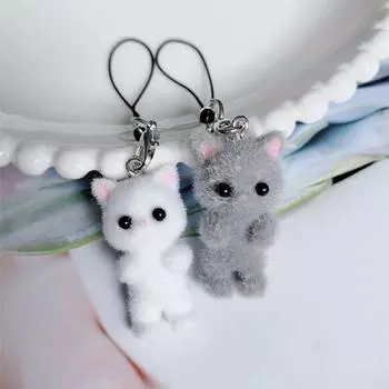 Kawaii Flocking Cat Подвеска для телефона с ремешком на шею Милый бант Котенок Телефонная цепочка Корейский мобильный телефон Брелок для ключей Подарки для девочек белый