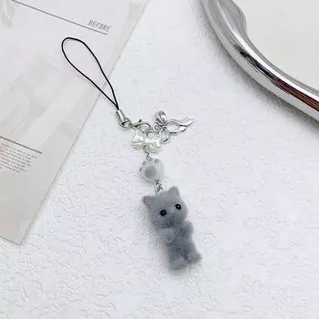 Kawaii Flocking Cat Подвеска для телефона Шнурки Y2K Милый бант Котенок Телефонная цепочка Корейский мобильный телефон Брелок Подарок для девочки серый