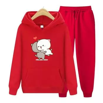 Kawaii Girl Anime Женская толстовка с длинными рукавами, комплект, толстовка из флиса Harajuku, большой подарок на день Святого Валентина, комплект с капюшоном S