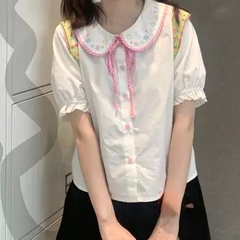 Kawaii Girl Рубашка в консервативном стиле Женский кукольный воротник Белая блузка с вышивкой Женские японские милые рубашки Топы с бантом Femme Harajuku S бежевый