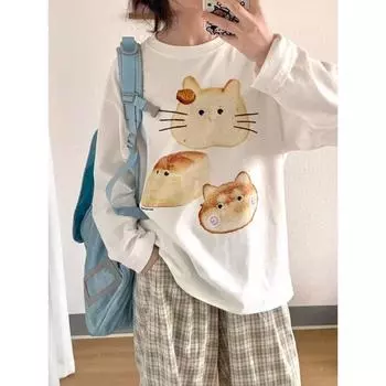 Kawaii Графические белые футболки женские повседневные свободные милые футболки с длинным рукавом Harajuku Vintage Sweet Japanese Fashion Tops S белый