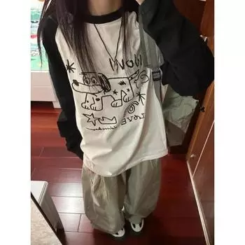 Kawaii графические футболки женские милые аниме топы с длинными рукавами японский винтаж Y2k консервативный стиль повседневные милые футболки большого размера S бежевый