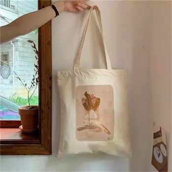 Kawaii Эстетическая повседневная женская сумка в литературном стиле с абстрактным искусством Большая вместительная женская сумка для покупок Индивидуальная холщовая большая сумка Shou 24*26cm