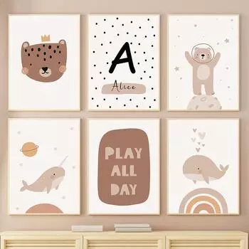 Kawaii Кит Радуга Леопардовое письмо индивидуальные настенные художественные постеры с принтами на скандинавском холсте, картины с героями мультфильмов, декор для детской комнаты 21cm30cm NoFrame