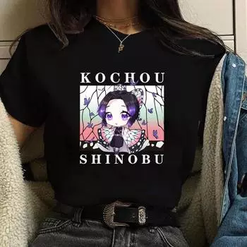 Kawaii Kochou Shinobu футболка с принтом, женская рубашка с мультяшным рисунком Kochou Shinobu, женская милая футболка Kochou Shinobu S чёрный