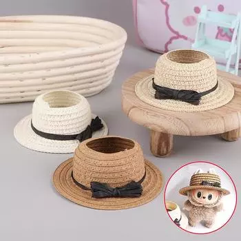 Kawaii Labubu Plush Doll Straw Hat Bowknot Weave Hat Simulation Mini Open Top Caps Doll Clothes Outfit Accessories белый