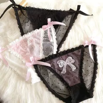 Kawaii Lace Cotton crotch Lingerie Low-waist Women Thong Sexy Briefs Bandage Panties Bow Underpants L