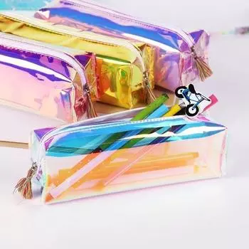 Kawaii Laser Transparent Reflective Pencil Case Bag Large Capacity Chancery School Supplies Stationery Penalty Storage Random random color