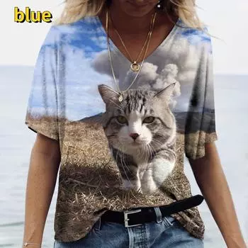 Kawaii Летняя женская футболка с принтом кота 3D с коротким рукавом и V-образным вырезом Повседневные топы Harajuku Одежда для девочек Футболки S