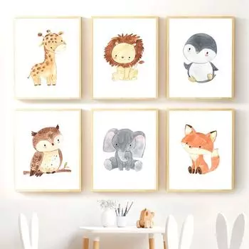 Kawaii Лев Жираф Слон Сова Лиса Пингвин Настенная живопись на холсте Плакаты на скандинавскую тему принты с животными настенные панно Декор детской комнаты 21cm30cm NoFrame