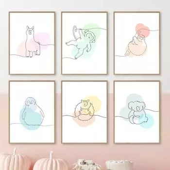 Kawaii Lines Обезьяна Ленивец Коала Альпака Ежик Стены Искусства Плакаты Печатает Скандинавский Холст Картины Животные Фотографии Декор Детской Комнаты 21cm30cm NoFrame