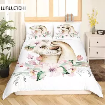 Kawaii Lion Duvet Cover Set,Watercolor Cherry Blossom Baby Lion Bedding Set,Cartoon Wild Animal Botanical Flower Comforter Cover EU single(135x200cm)