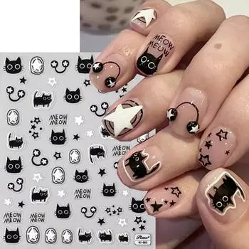 Kawaii Little Black Cat наклейки для ногтей мультфильм милый кот звезды буквы слайдеры для ногтей Y2K корейский японский дизайн ногтей маникюр декоры MJ-083