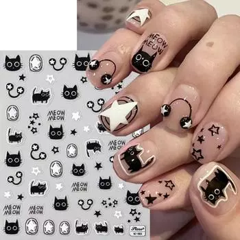 Kawaii Little Black Cat наклейки для ногтей мультфильм милый кот звезды буквы слайдеры для ногтей Y2K корейский японский дизайн ногтей маникюр декоры 3 pcs with a set