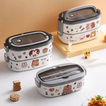 Kawaii Lunch Box Japanese Container Double Layer Bento Compartments Storage Breakfast Boxe With Cover