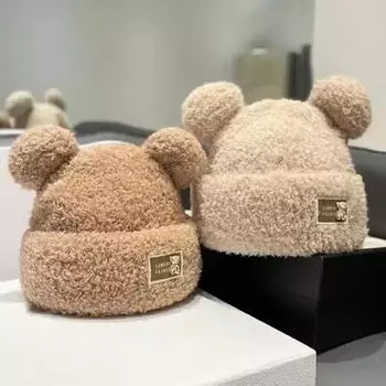 Kawaii медвежьи шапки для женщин, удобные плюшевые шапки с мультяшными медвежьими ушками, осенне-зимние теплые ветрозащитные шапки 55-58cm белый