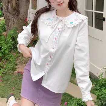 Kawaii милая кружевная лоскутная рубашка в стиле Лолиты с воротником «Питер Пэн», весенняя блузка, женская одежда, винтажный милый топ с вышивкой, одежда Y2k M белый