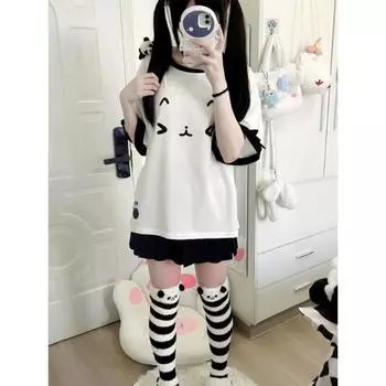 Kawaii милые лоскутные футболки женские японские модные Y2k Harajuku свободные футболки с милым котом и мультяшным принтом топы мягкие для девочек S белый